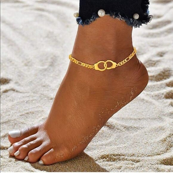 18k Gold Handcuff Anklet Figaro Chain Handcuff Ankle Bracelet - Picture 1 of 7